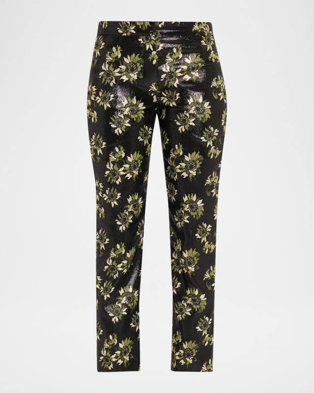 Lacquered Sunflower Jacquard Slim-Leg Ankle Pants